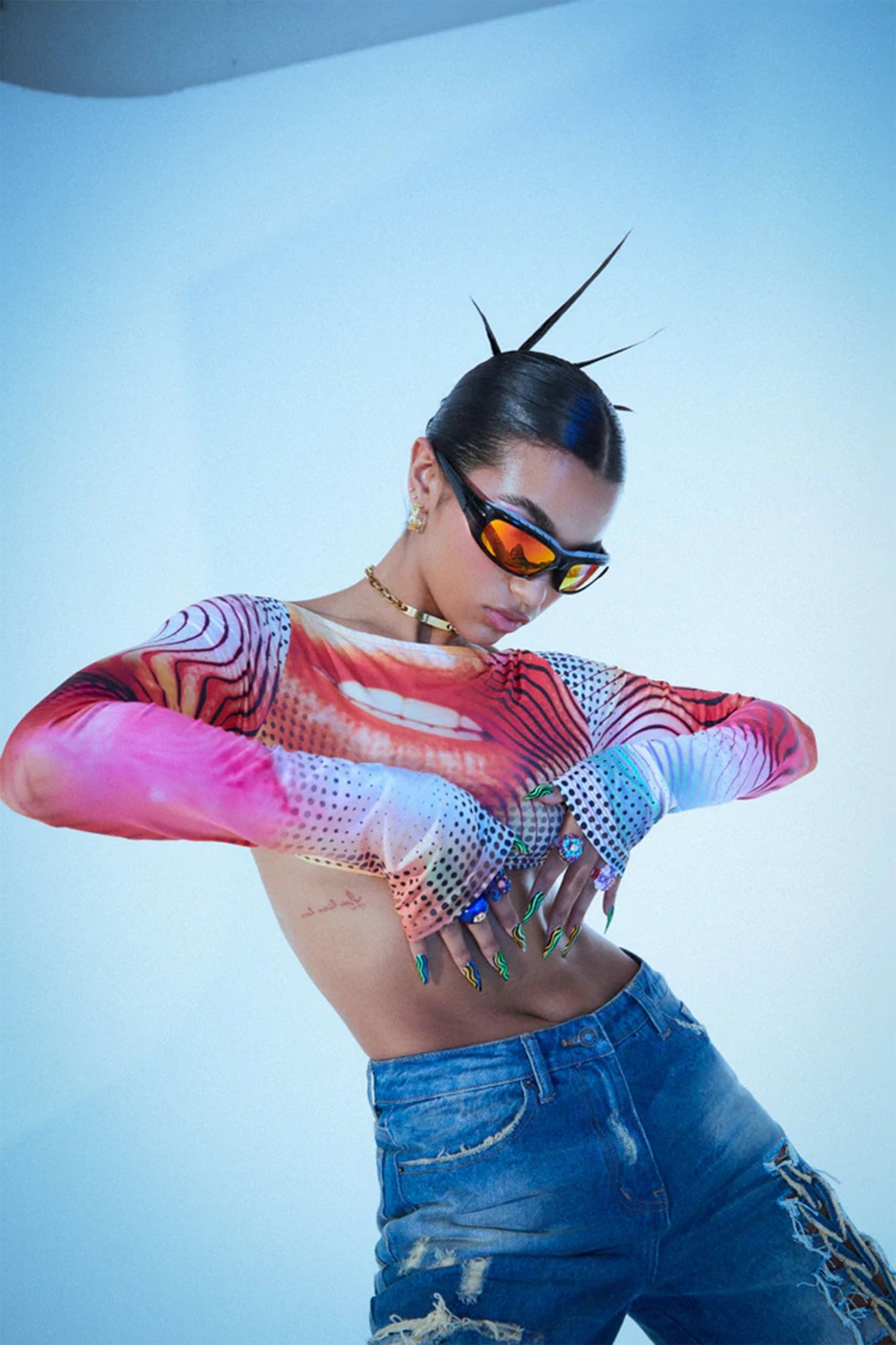 Red Backless Long Sleeve Lip Print Crop Top Shirts & Tops
