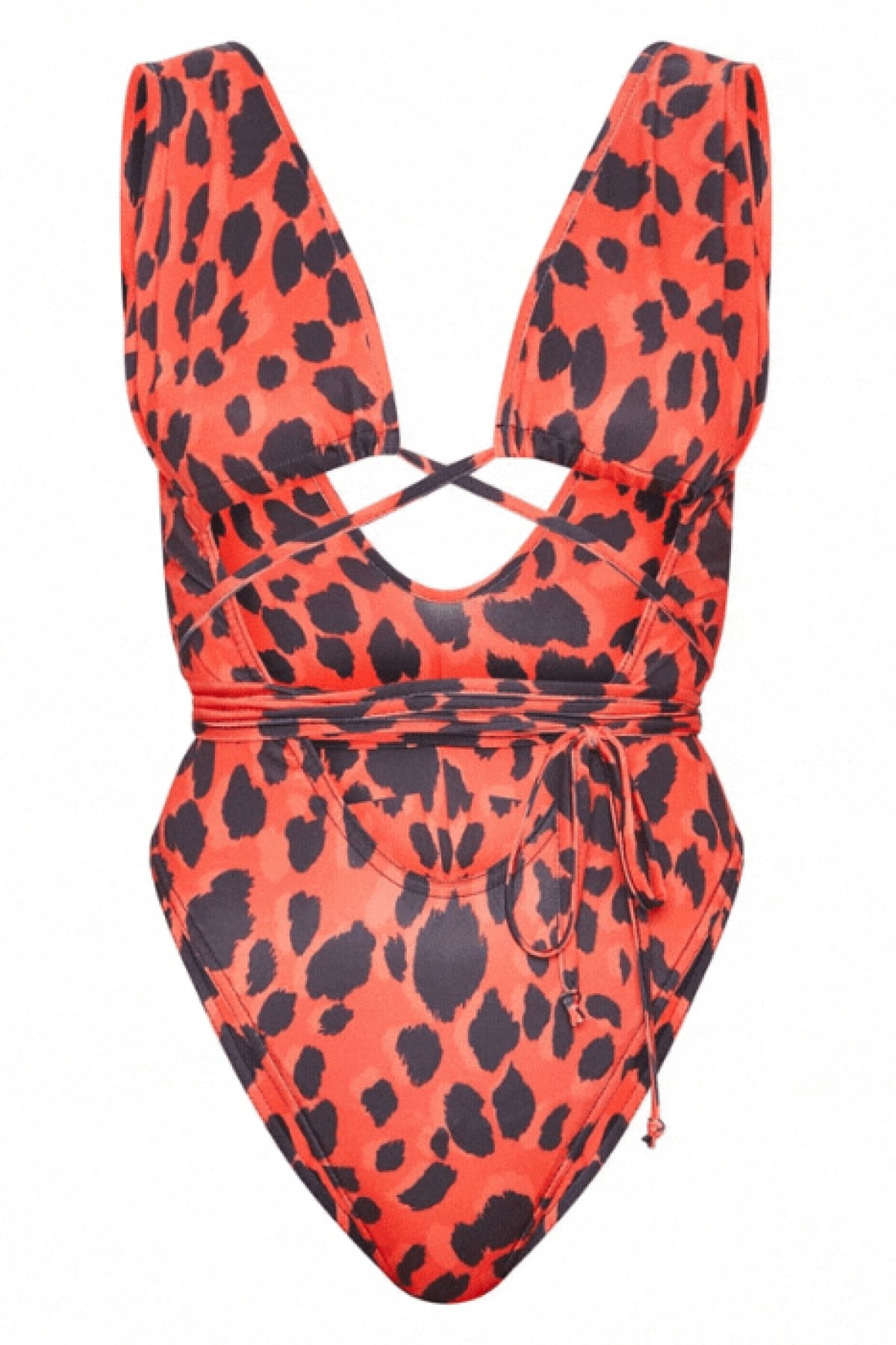 Red Cheetah High Cut Wrap One Piece Swimsuit Monokini