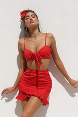Red Tie In Front Top And Ruffle Skirt Two Piece Set Skirt Set