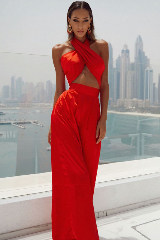 Red Halter Wrap Top And Palazzo Satin Pants Set Outfit Sets