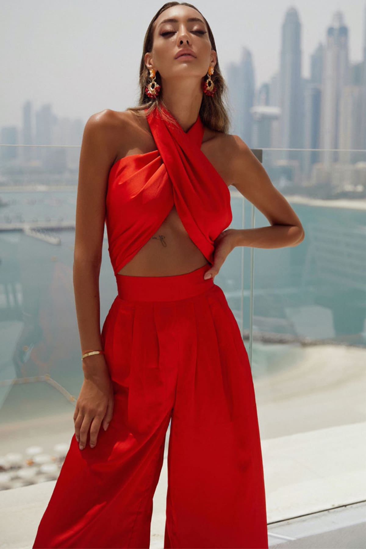 Red Halter Wrap Top And Palazzo Satin Pants Set Outfit Sets