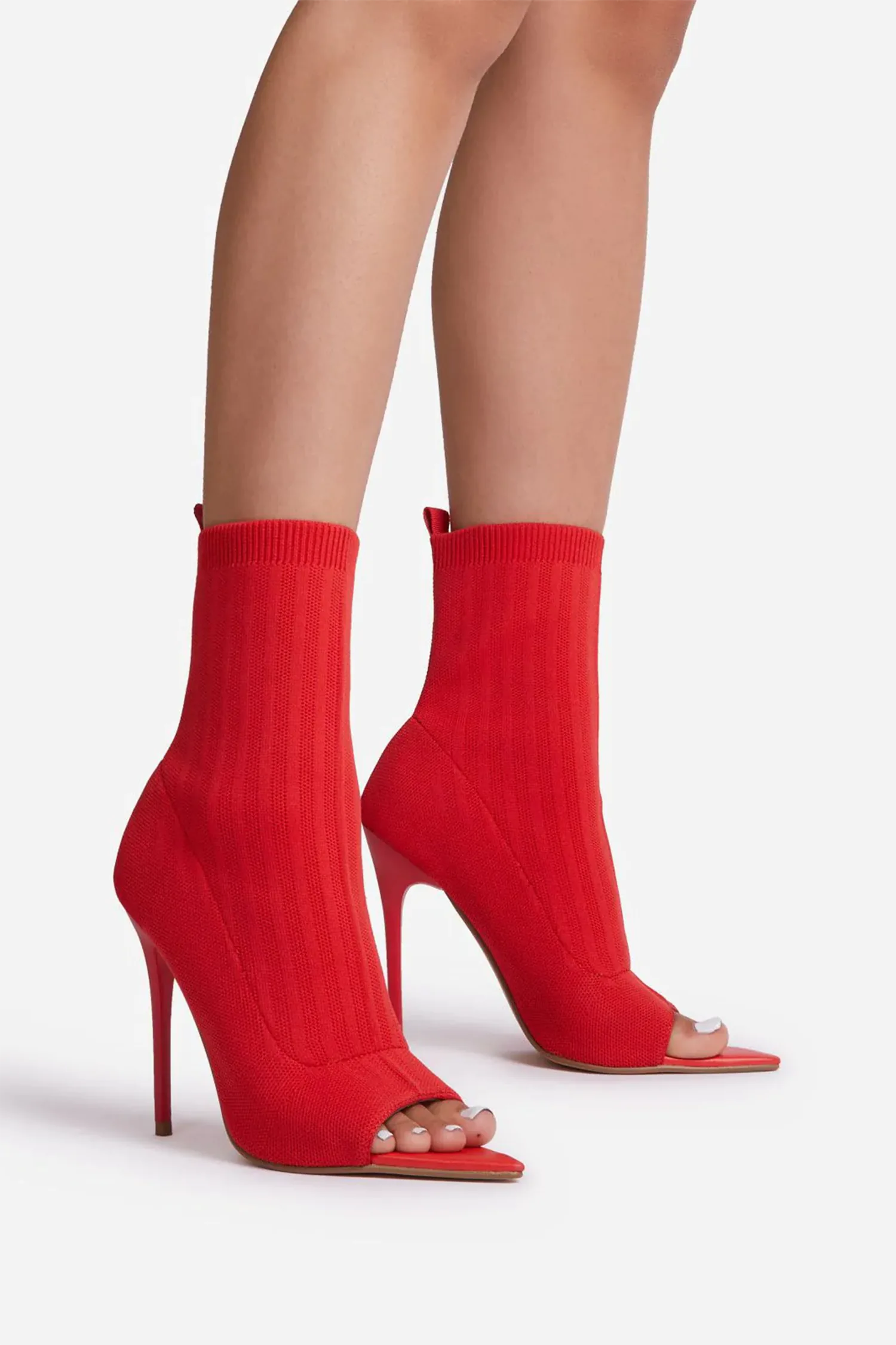 Red Pointed Peep Toe Stiletto Heels Ankle Sock Boots