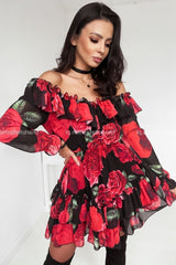 Red Roses Ruffle Off Shoulder Long Sleeve Dress Dresses