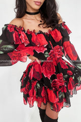 Red Roses Ruffle Off Shoulder Long Sleeve Dress Dresses