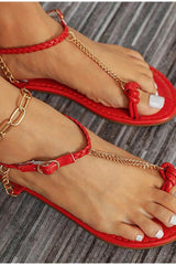 Red Woven Ankle Straps Chain Flat Sandals Shoes