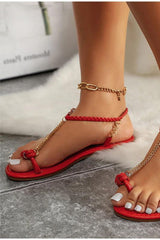 Red Woven Ankle Straps Chain Flat Sandals Shoes