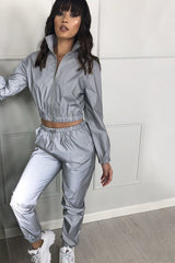 Women Tracksuits 2 Piece Set Reflective Crop Top Pants Fashion Female Loose Zipper Shine Jacket Coat