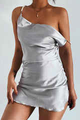 Silver Satin Pearl Straps Short Slip Dress Dresses