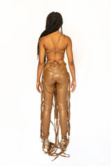 Strappy Brown Faux Leather Flare Ankle Stack Pant