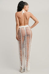 White Distressed Halter Crochet Beach Cover Up Maxi Dress