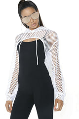 Womens White Fishnet Long Sleeve Shrug Hooded Crop Top Shrug