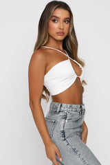 White Halter Cross Over Neck Cut Out Ruched Crop Top Shirts & Tops