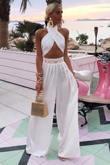 White Halter Wrap Top And Palazzo Satin Pants Set Outfit Sets