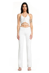 White Lace-Up Ruched Flare Pants & Halter Crop Top S / Set