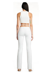 White Lace-Up Ruched Flare Pants & Halter Crop Top Set