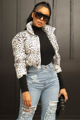 White Leopard Print Cropped Puffer Jacket S / White Coats & Jackets