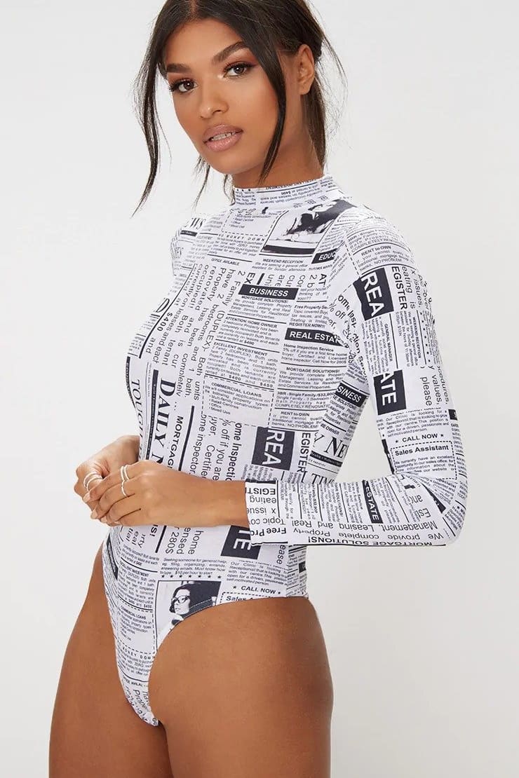 Long Sleeve High Neck Newspaper Print Sexy Bodycon Bodysuit Women Fashion Letter Body