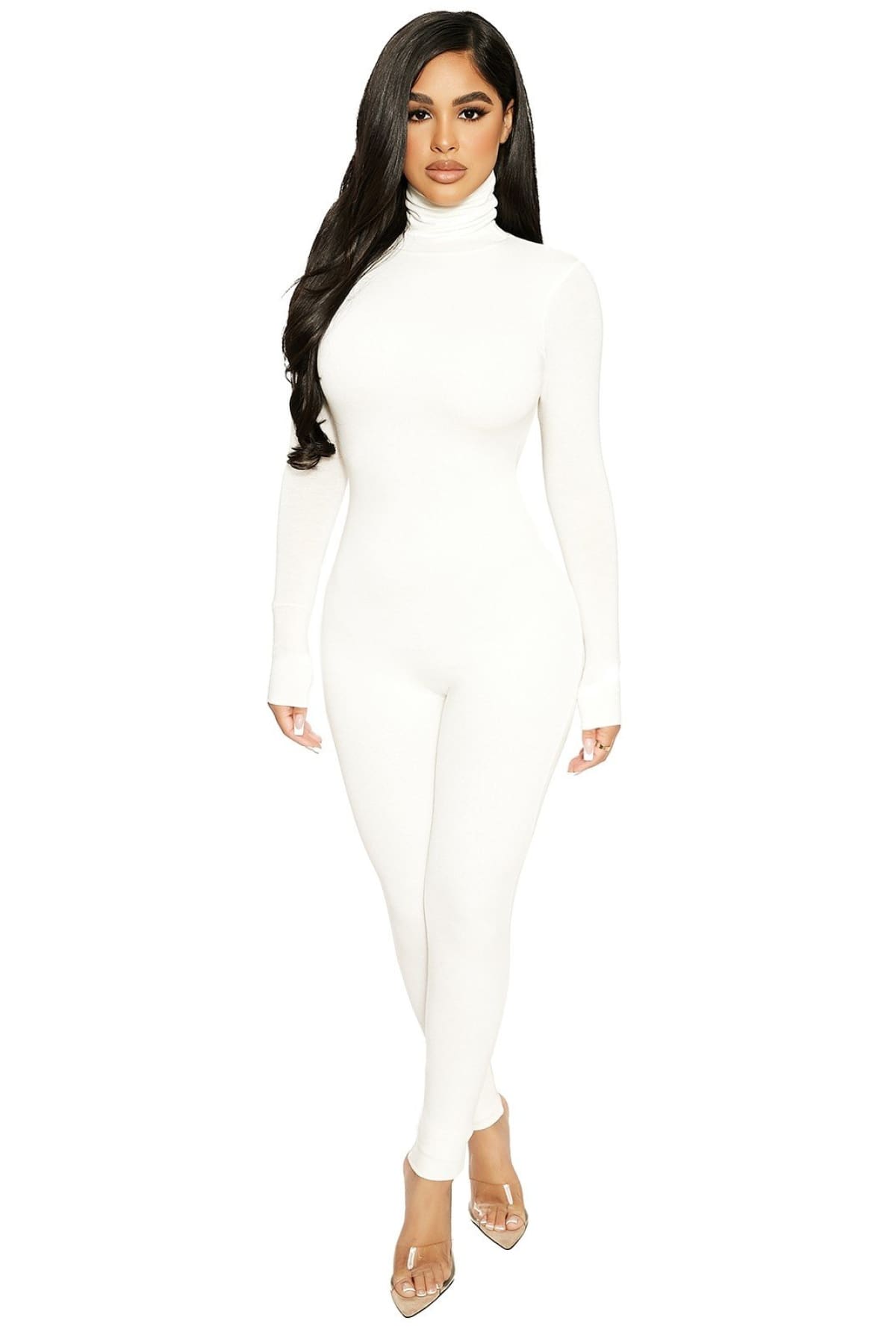 White Long Sleeve Turtleneck Backless Jumpsuit
