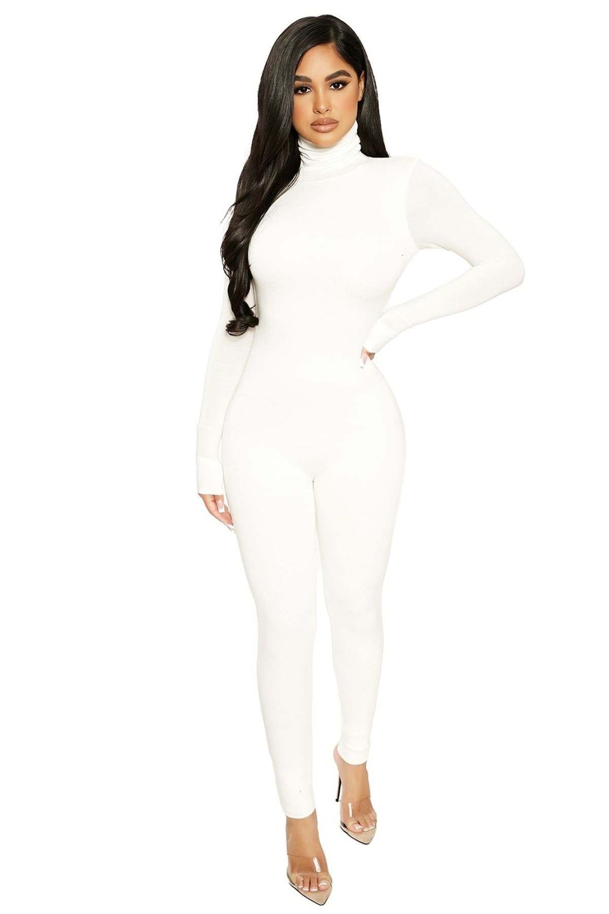 White Long Sleeve Turtleneck Backless Jumpsuit