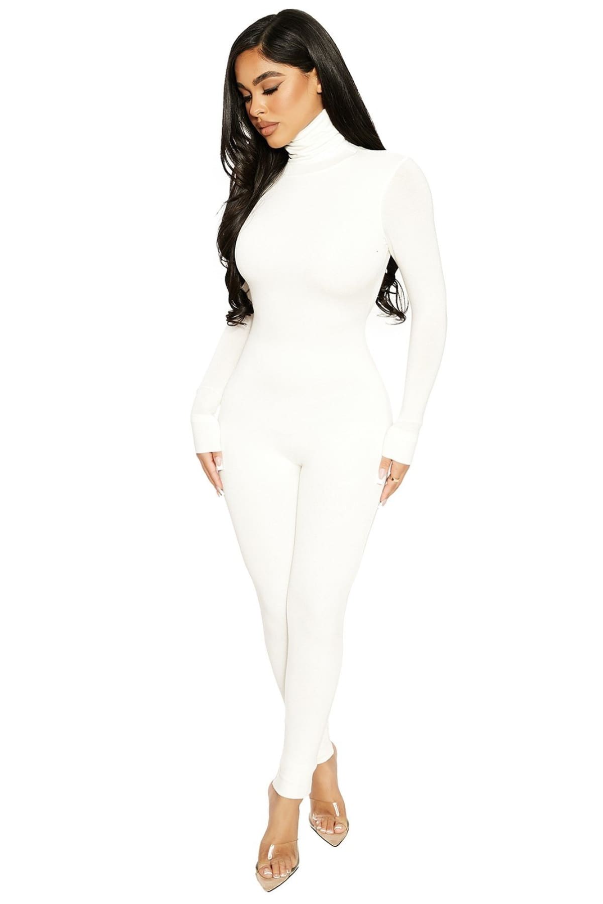 White Long Sleeve Turtleneck Backless Jumpsuit