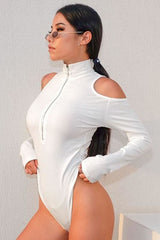 White Long Sleeve Bodysuit Elegant Turtleneck Body Sexy Strapless Hollow Out Bodycon Bodyduit