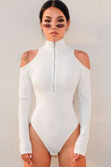 White Long Sleeve Bodysuit Elegant Turtleneck Body Sexy Strapless Hollow Out Bodycon Bodyduit