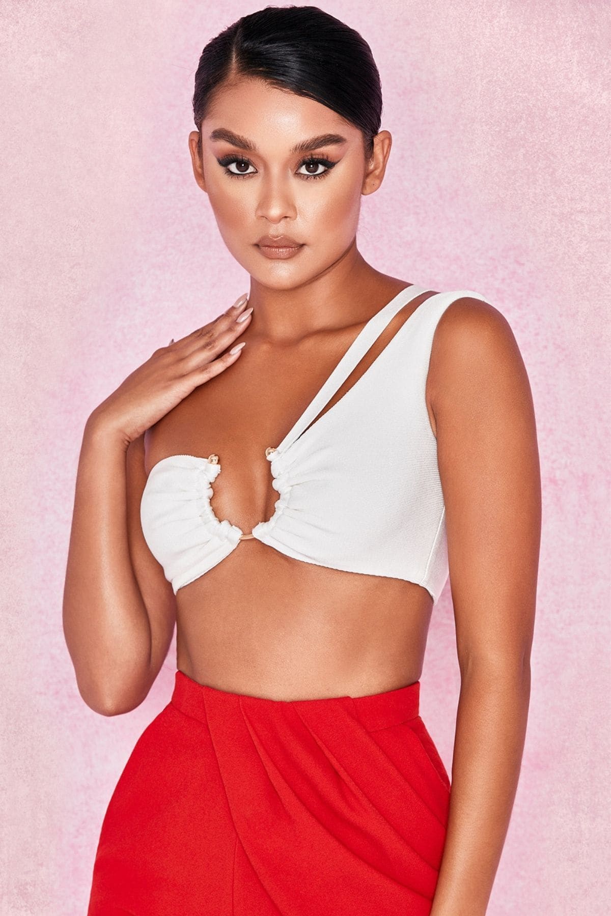 White One Shoulder Ring Crop Top
