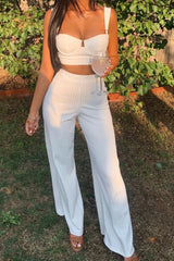 White Ribbed Bralette Top And Palazzo Pants Set