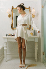 White Satin Bell Sleeve Crop Top & Wrap Mini Skirt Set Set