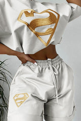 White Superman T-Shirt And Sweatshorts Two Piece Set Outfit Sets