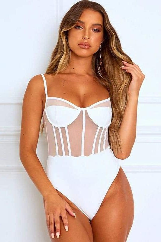 Sexy Lace Sheer Mesh See-Through Push Up Bodysuit White Body Outfits Swimsuit One Piece Bathing Suit