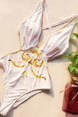 White V Neck Cut Out Golden Damask Print Bodysuit Leotards & Unitards