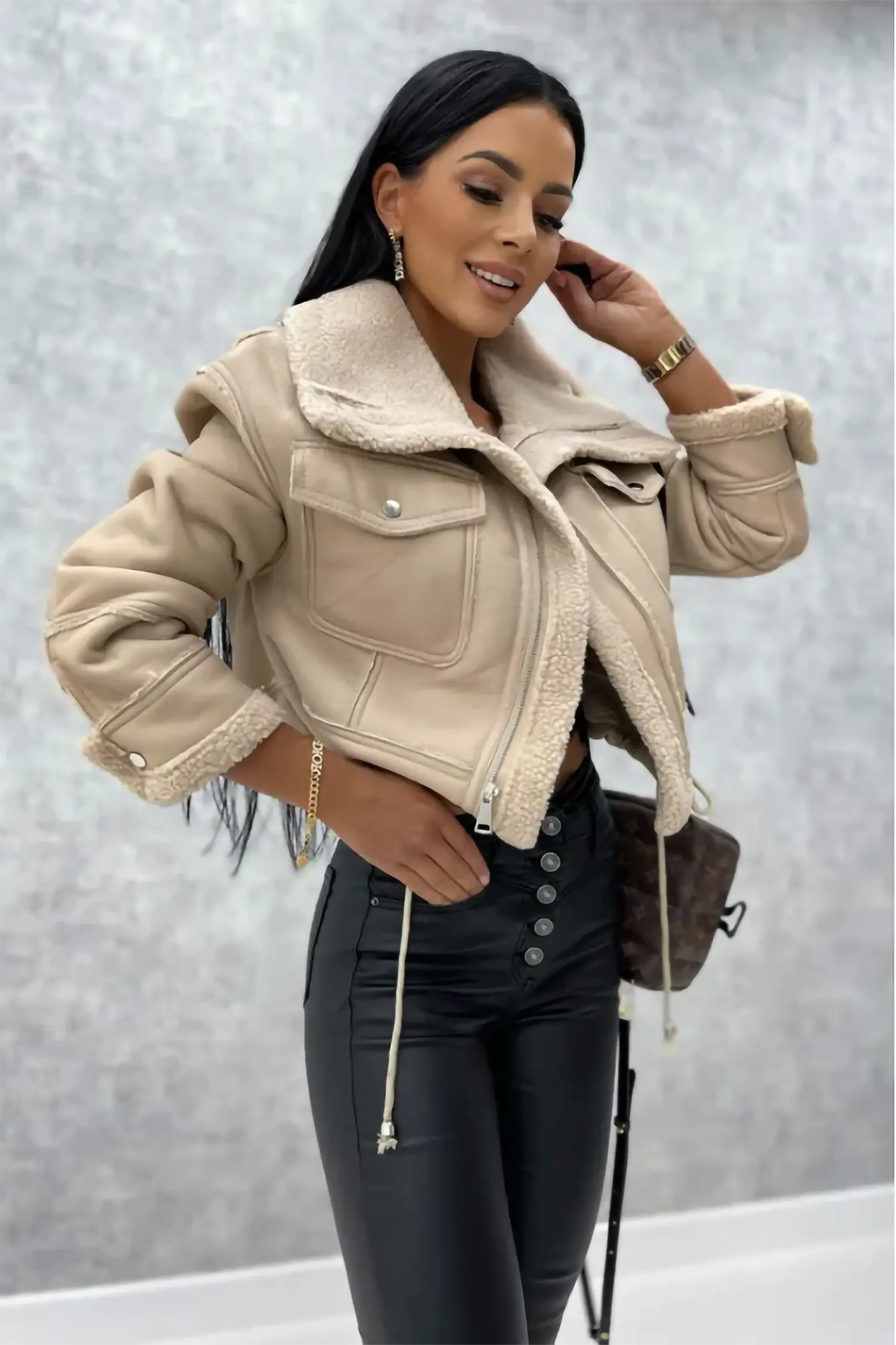 Women's Beige Leather Shearling Aviator Cropped Jacket