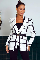 Womens Black And White Plaid Puff Shoulder Blazer Coats & Jackets