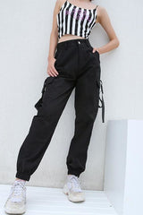 Womens Black High Waist 4 Pocket Strapped Cargo Pant Pant