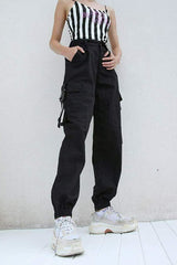 Womens Black High Waist 4 Pocket Strapped Cargo Pant Pant