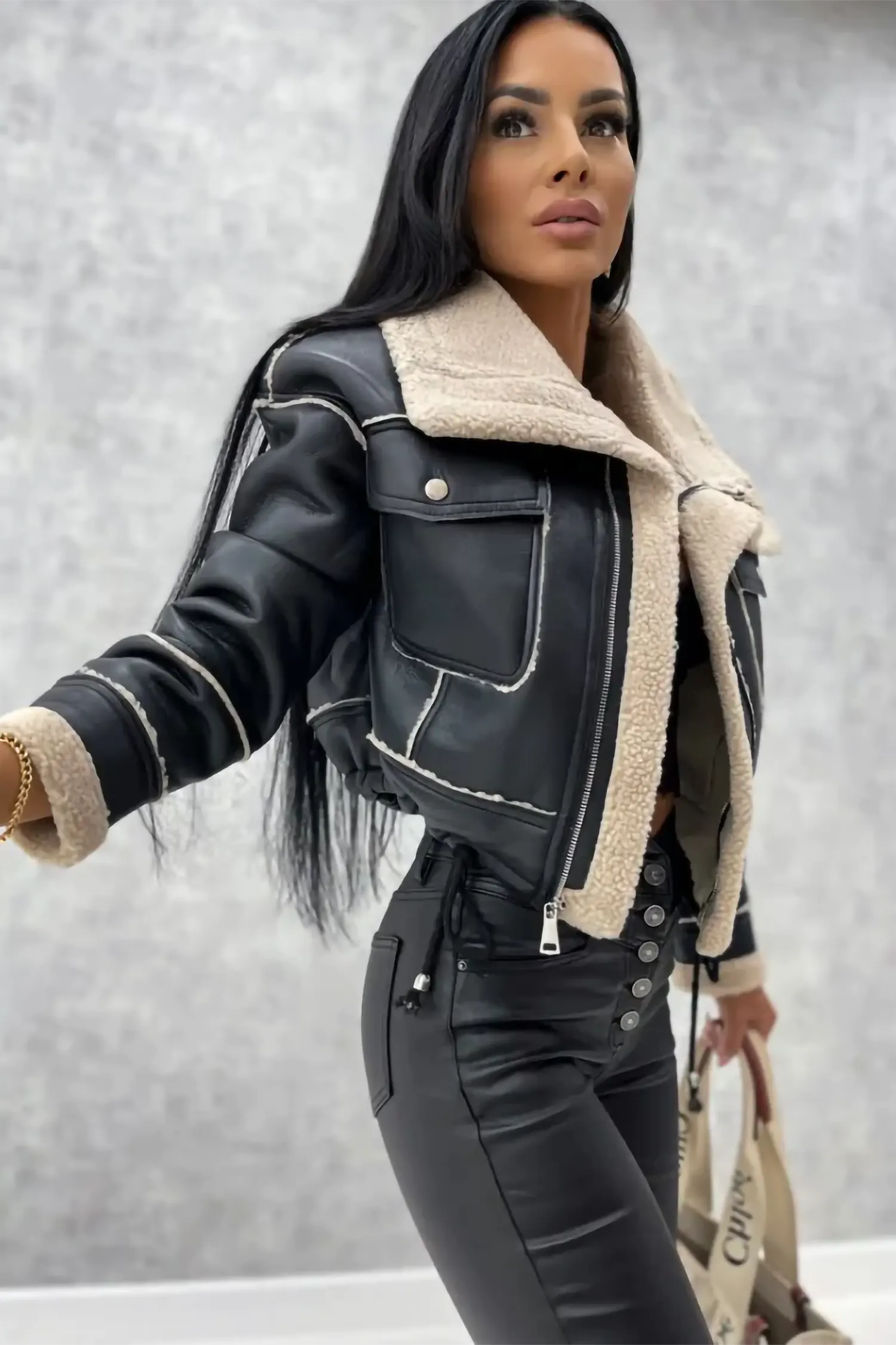 Women's Black Leather Shearling Aviator Cropped Jacket