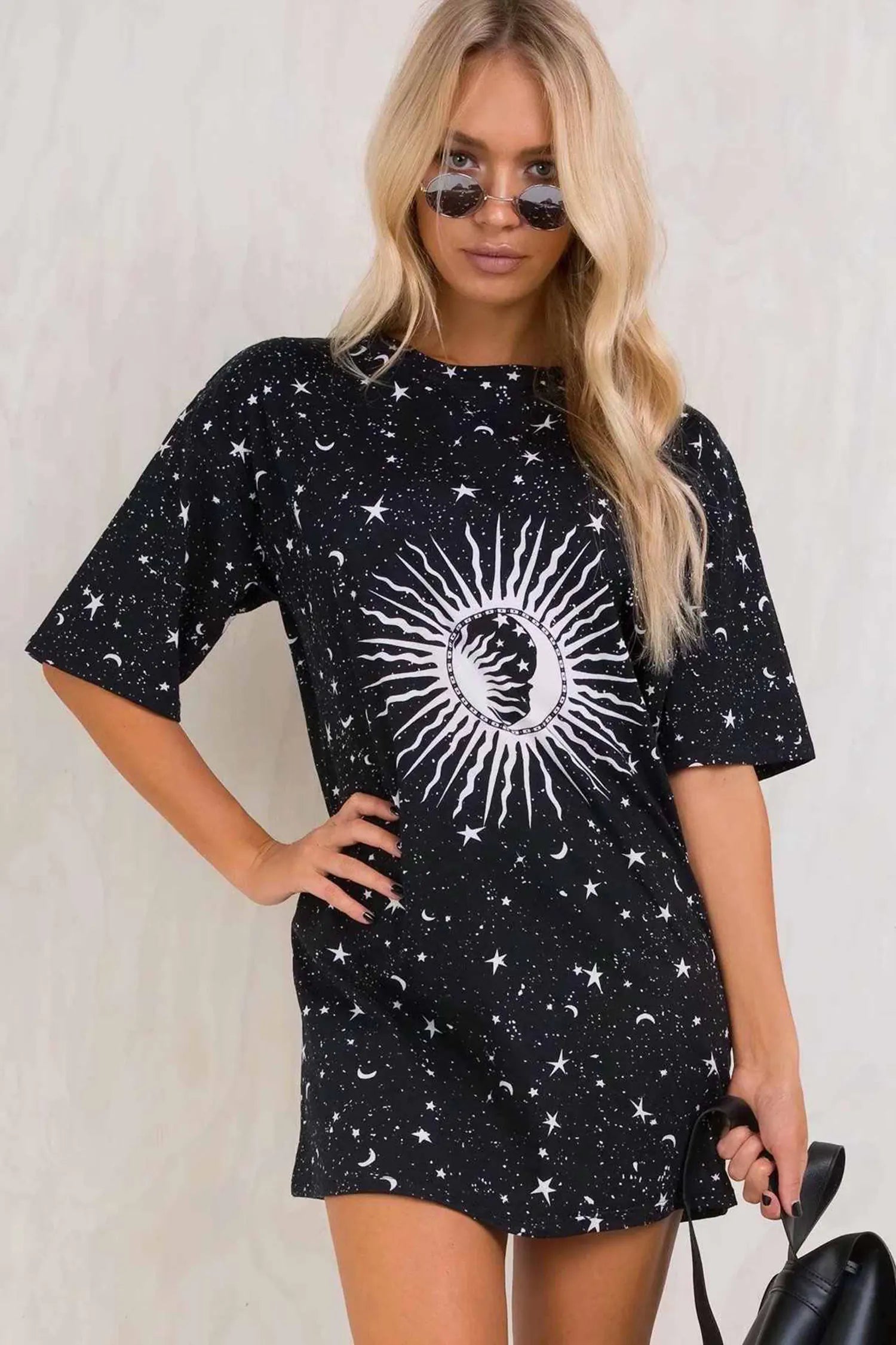 Women's Black Oversized Crewneck Moon And Stars T-shirt Dress