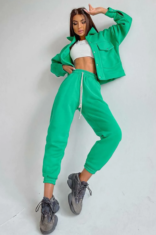 Women's Green Jacket And Joggers Pants Tracksuit Set