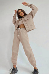 Women's Khaki Jacket & Joggers Loungewear Tracksuit Set