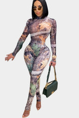 Womens Sexy Leaf Print Two Piece Matching Co-Ord Bodysuit Set Pant