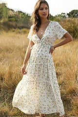 White Long Dress Women Elegant Floral Ruffle Sexy Deep V Neck Slit / S Dress