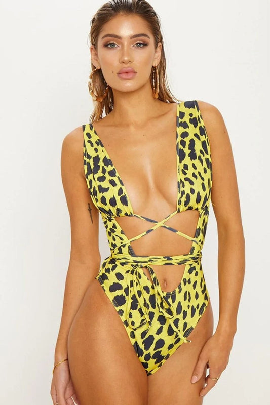 Yellow Cheetah High Cut Wrap One Piece Swimsuit Monokini