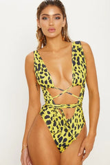 Yellow Cheetah High Cut Wrap One Piece Swimsuit Monokini
