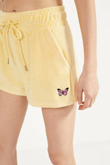 Yellow Embroidered Butterfly Velvet Crop Top Short Set Short Set