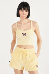 Yellow Embroidered Butterfly Velvet Crop Top Short Set Short Set