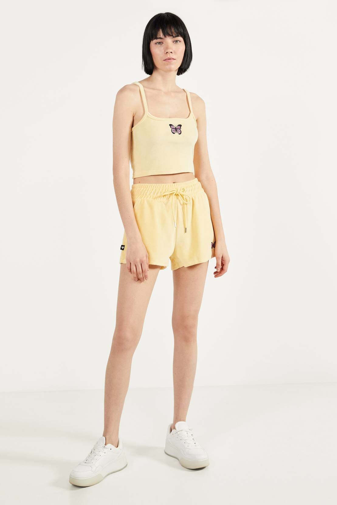 Yellow Embroidered Butterfly Velvet Crop Top Short Set / L Short Set