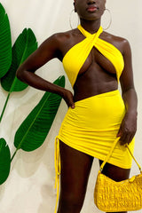 Yellow Halter Wrap Ruched Cutout Mini Dress Dress
