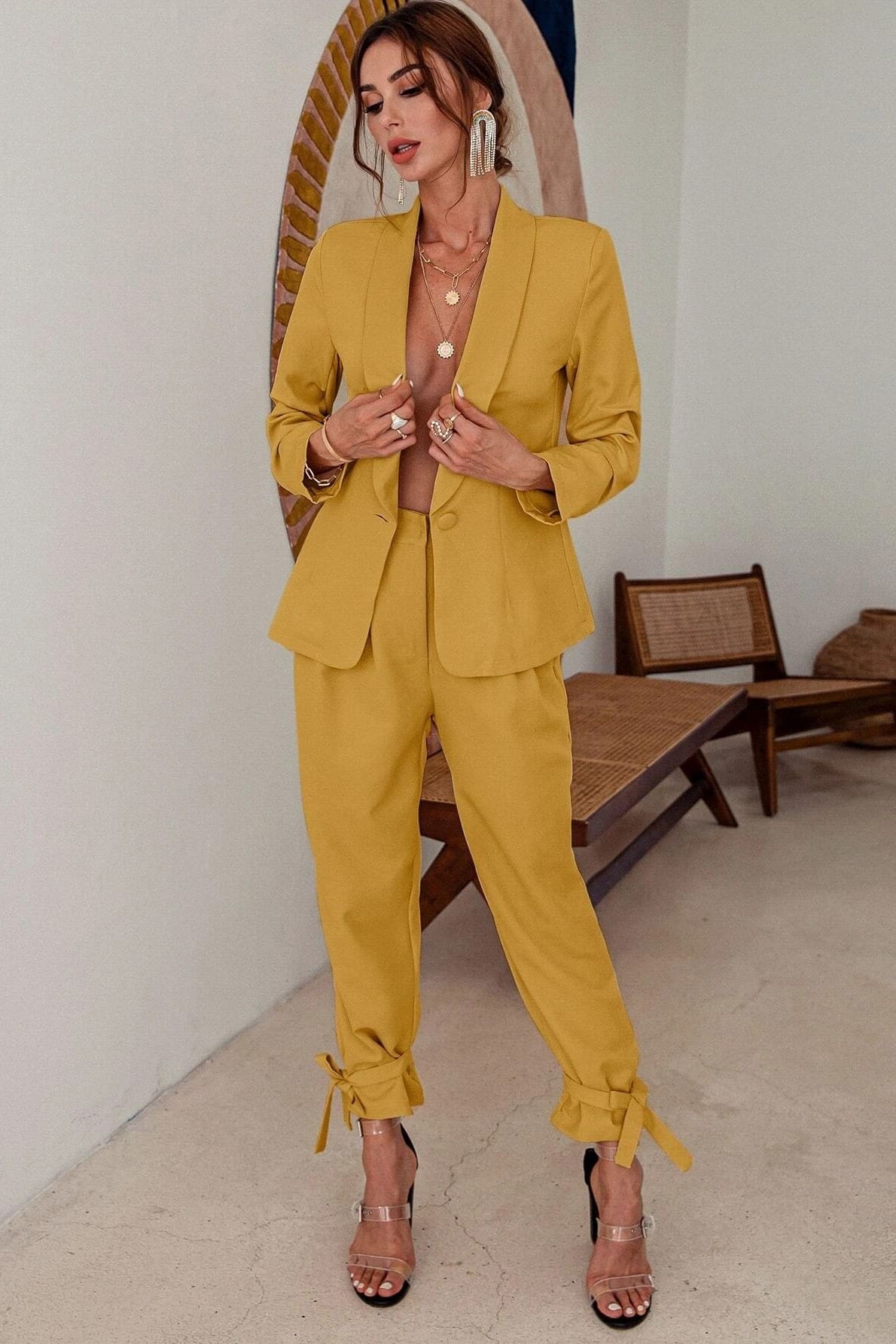 Yellow High Waisted Ankle Tie Pants & Blazer Set Set
