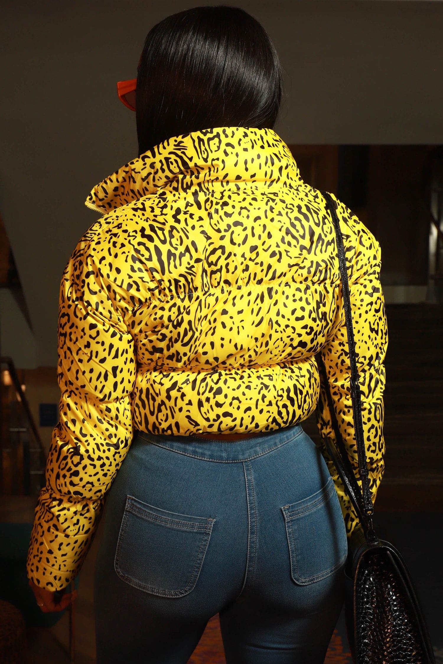Yellow Leopard Print Cropped Puffer Jacket Coats & Jackets